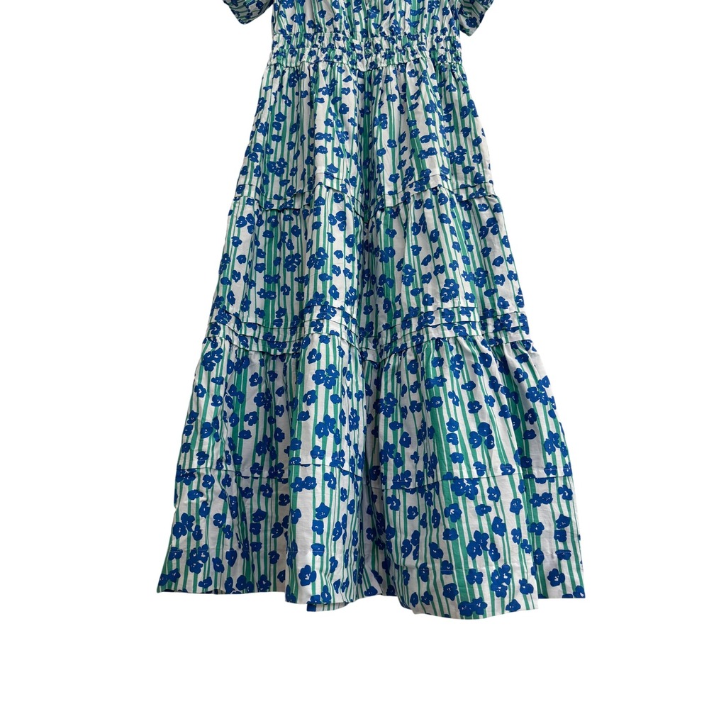 Anthropologie Floral Striped Tiered Maxi Dress Cotton Blue Green White Size L - Picture 8 of 11